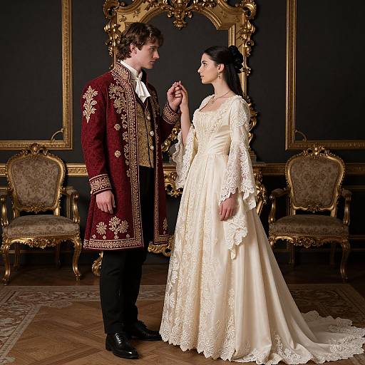 Photograph of a handsome man in ornate red and gold coat, standing beside a beautiful woman in elegant white lace gown, in a luxurious, gold