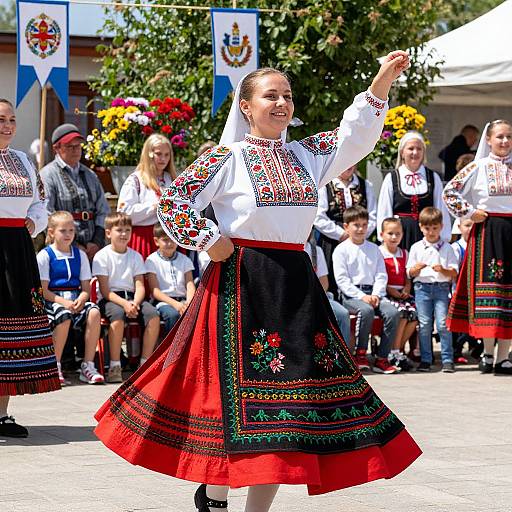 Photograph of a smiling woman in traditional Polish folk dress, with white blouse and black-red skirt, dancing outdoors, surrounded by spectators and colorful flags.