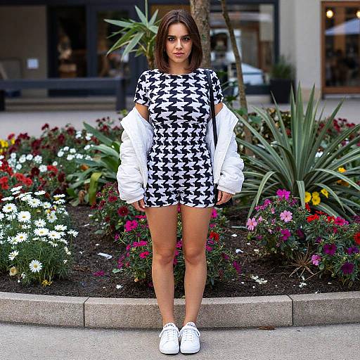 Photograph of a young woman with long brown hair, wearing a black-and-white houndstooth dress, white jacket, and white sneakers, standing
