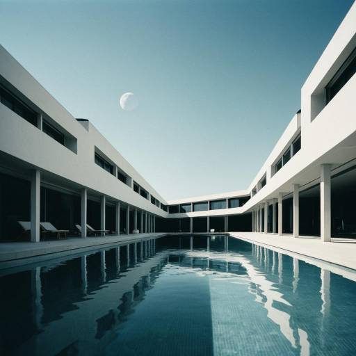 Modern Minimalistic Housing with Pool Under Moonlit Sky