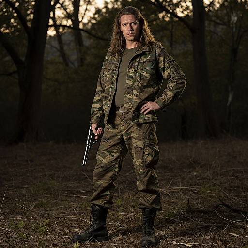 Photograph of a stern, long-haired man in camouflage military gear, standing in a dark forest holding a handgun, illuminated by dim sunlight.