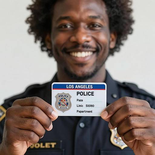 Smiling African American Police Officer Holding LAPD ID Card