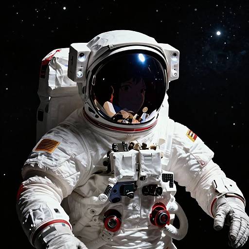 Photograph of an astronaut in a white spacesuit with reflective helmet, American flag patch, and detailed equipment, floating in a starry black space background