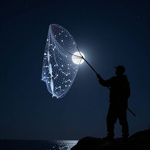 Silhouetted fisherman holding illuminated fishing net against a dark, starry night sky, with a bright moon glowing behind.