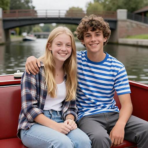 Teenagers Smiling on a Red Boat