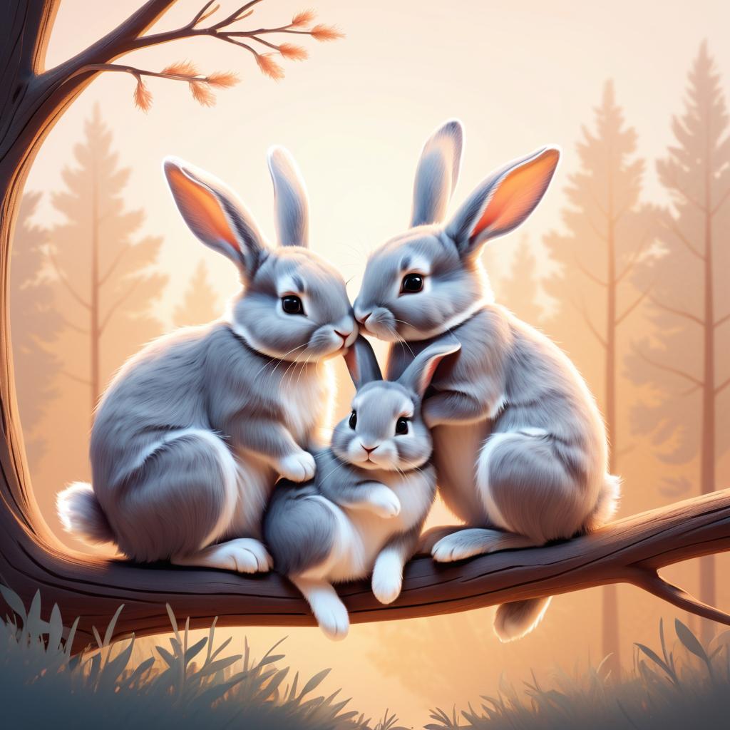 Whimsical Cozy Rabbits Cuddling Illustration