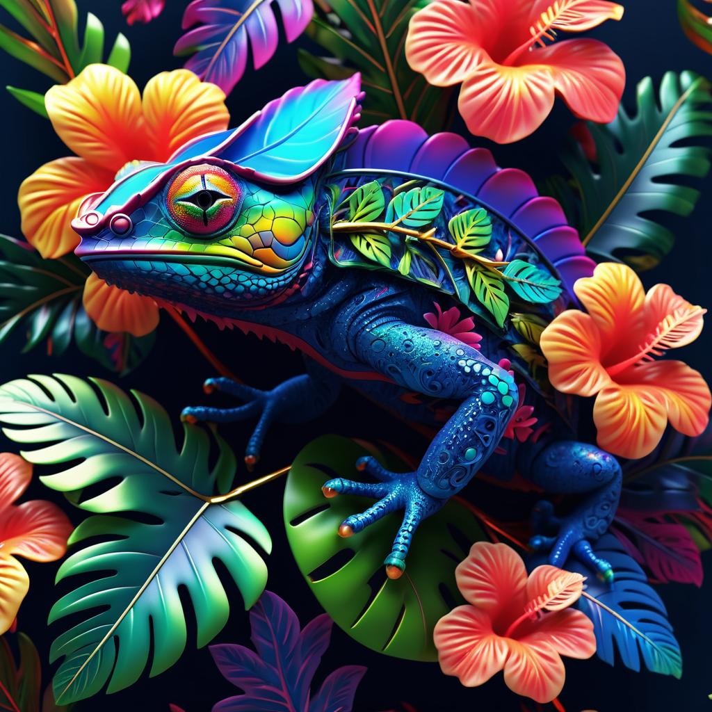 Vibrant Cyborg Chameleon with Hibiscus