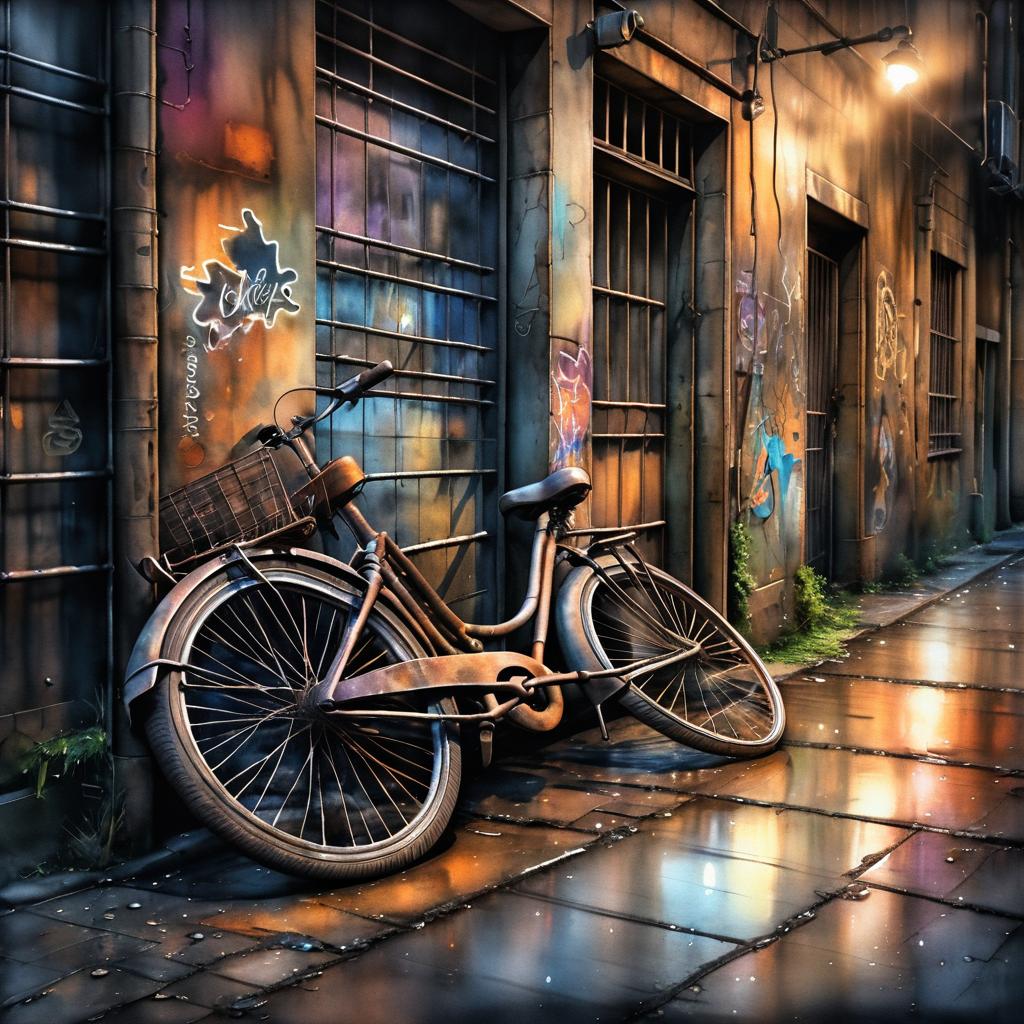 Urban Night: A Rusty Bicycle in Watercolor