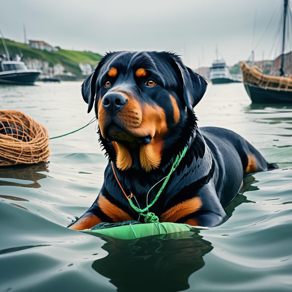 Rottweiler Swimming in Harbor Scene