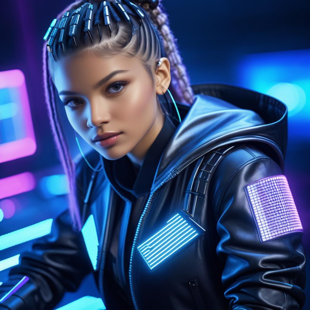 Zendaya as a Futuristic Cyberpunk Hacker