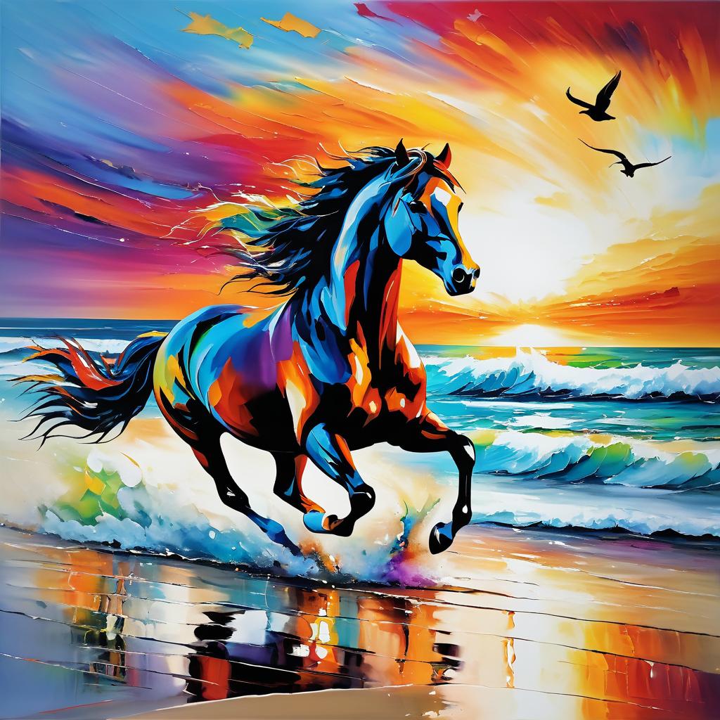 Galloping Horse at Sunset on Beach