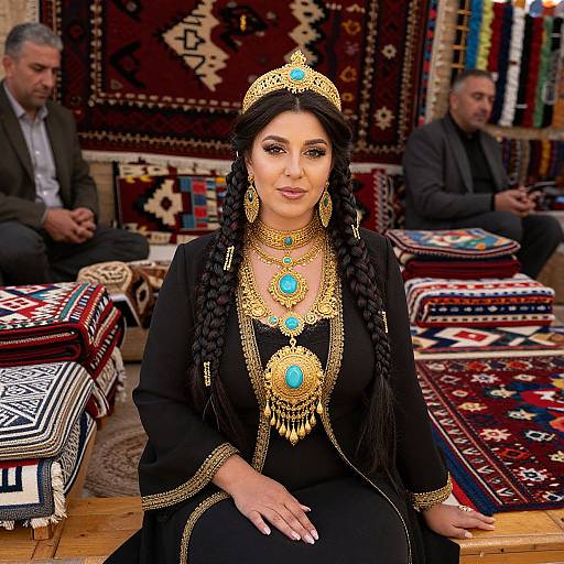 Photograph of a South Asian woman with long black braids, wearing a black dress and gold jewelry with turquoise accents, seated in a room adorned with