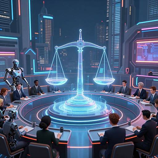 Neon-lit futuristic courtroom scene with balanced scales hologram, eight suited men seated, one in black bodysuit, cityscape backdrop.