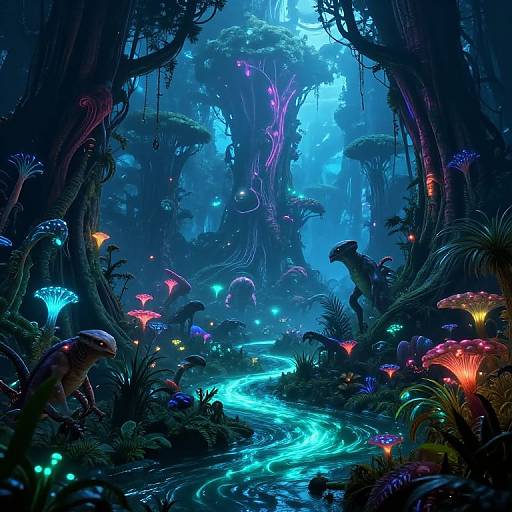 Digital fantasy artwork of a neon-lit, bioluminescent forest with glowing mushrooms, colorful fungi, bioluminescent stream, and ethereal