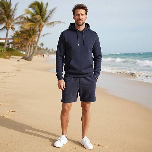 Photograph of a bearded man with short brown hair, wearing a navy hoodie, dark shorts, and white sneakers, standing on a sunny beach with