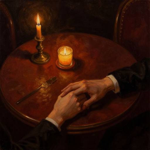 Photograph of a dimly-lit wooden table with a lit candle, glass candle holder, knife, and a hand in a black suit.