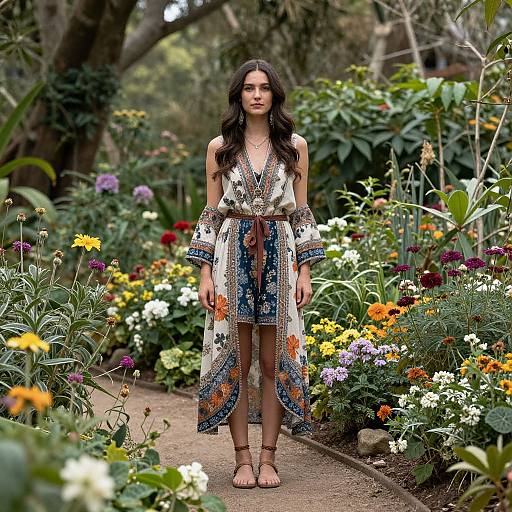 Photograph of a young woman with long dark hair in a colorful bohemian dress, standing on a garden path surrounded by vibrant flowers and lush green