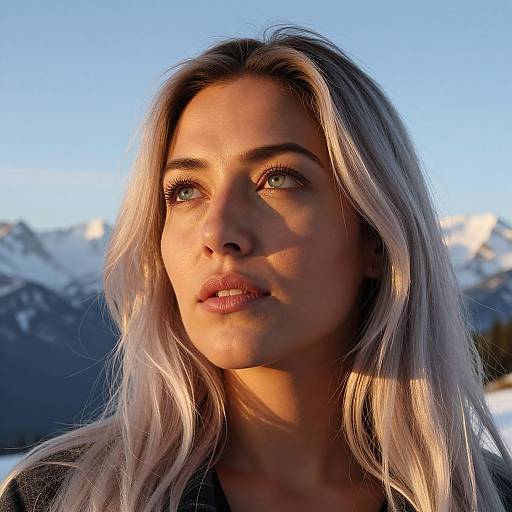 Photograph of a young woman with long, silver-blonde hair, green eyes, and fair skin, standing outdoors at sunset with snow-capped