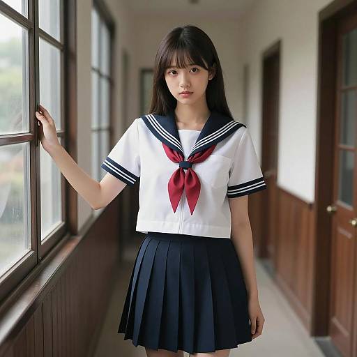 Young Woman in Sailor School Uniform in Hallway