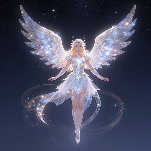 Digital art of a glowing, ethereal angel with long blonde hair, luminous white wings, and flowing dress, floating in a starry night sky