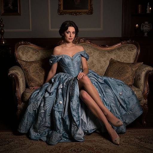 Photograph of a dark-haired woman in an off-shoulder, blue, patterned ball gown, sitting on an ornate, vintage sofa in