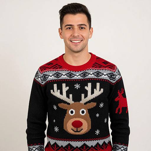 Man Wearing Red and Black Reindeer Sweater