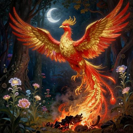 Digital fantasy art of a vibrant red and gold phoenix with fiery tail, wings spread, perched on a glowing fire, surrounded by glowing flowers and a