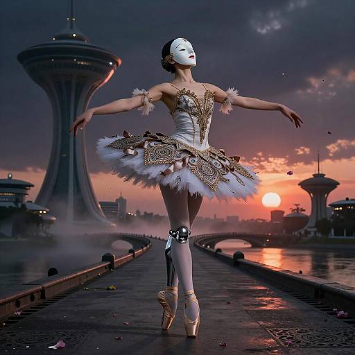 Masked Ballerina on Foggy River Bridge