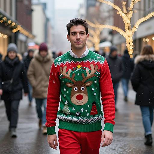 Photograph of a man with short dark hair, wearing a festive red and green reindeer sweater, and red pants, walking on a wet, illuminated