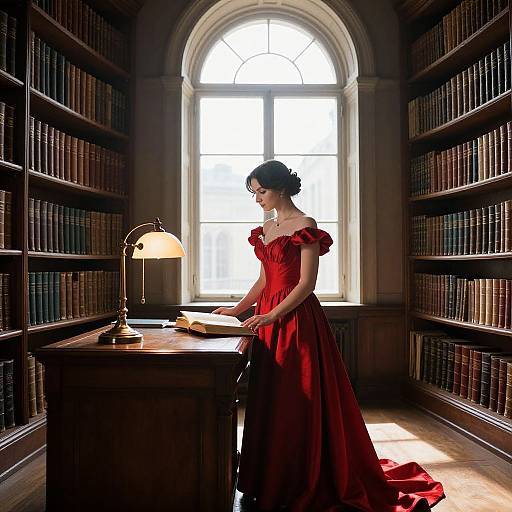 Photograph of a fair-skinned woman in a red, ruffled gown, standing in a sunlit library, writing at a wooden desk with a
