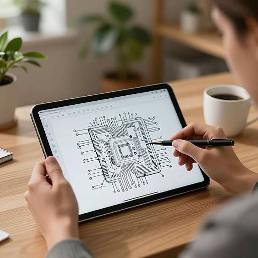 Photograph of a person's hands drawing a complex black-and-white circuit diagram on a tablet, with a white coffee cup in the blurred background on a