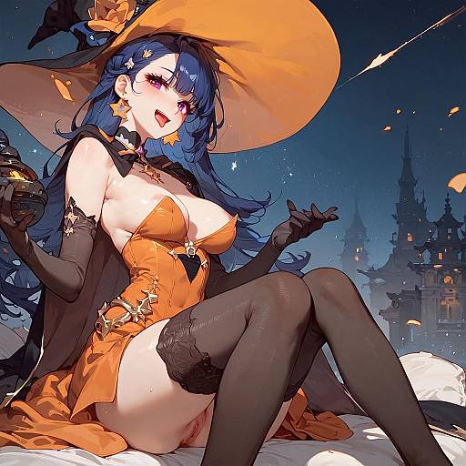 Digital anime-style illustration of a sexy blue-haired witch with large breasts, wearing an orange dress, black thigh-high stockings, and a large orange hat,