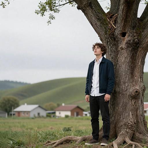 Surprised Young Man by Big Tree