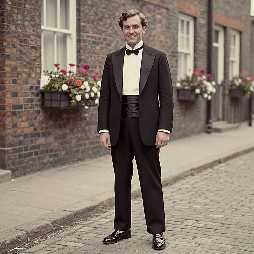 Photograph of a smiling man in a black tuxedo with a white shirt and black bow tie standing on a cobblestone street in front of