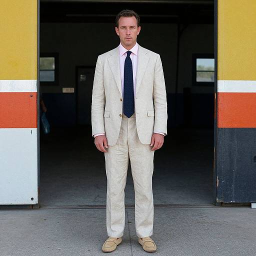 Photograph of a tall, serious-looking man in a white suit, black tie, and beige loafers standing in front of a yellow, orange,