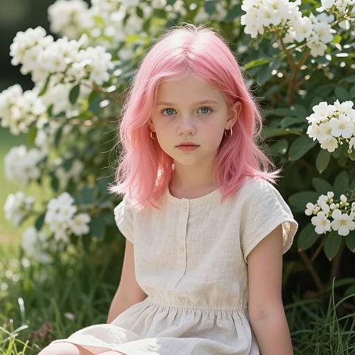 Photograph of a young girl with pink hair, wearing a white dress, sitting among blooming white flowers, sunlight filtering through.