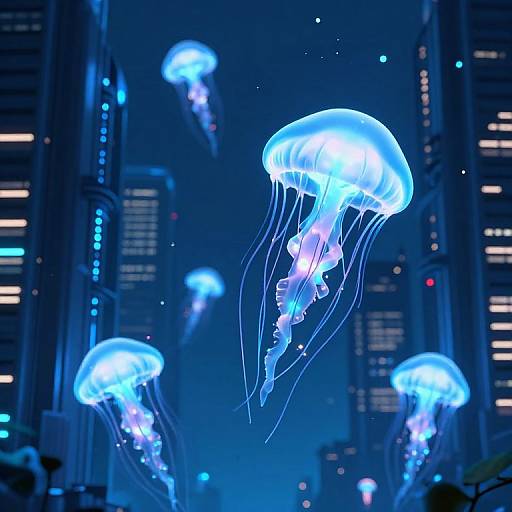 Photograph of glowing blue jellyfish floating in a futuristic cityscape with tall, illuminated skyscrapers at night, creating a surreal underwater-meets-