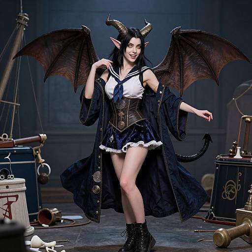 Digital illustration of a dark-haired, pale-skinned demon woman with black wings, horns, and a sailor outfit, standing in a cluttered, ste
