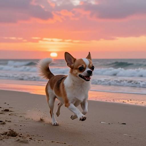 Photograph of a brown and white small breed dog with large ears joyfully running on a sandy beach during a vibrant sunset with pink and orange clouds.