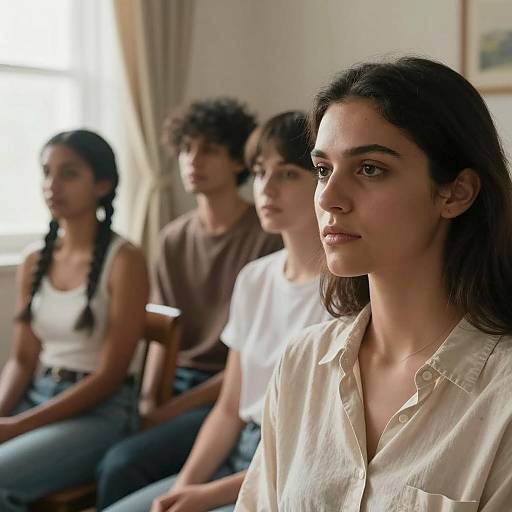 Serious Young Woman with Group in Sunlit Room