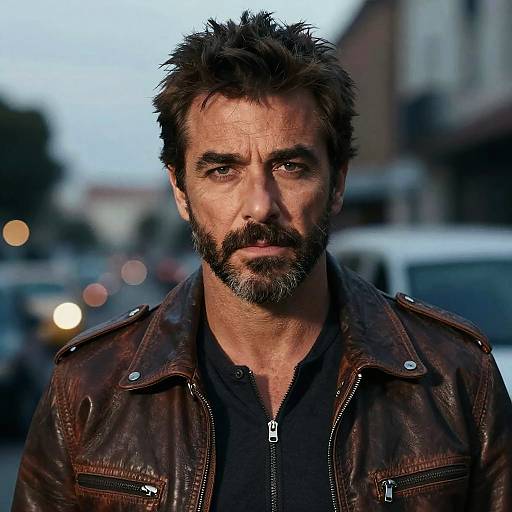 Photograph of a rugged, bearded man with dark, tousled hair wearing a brown leather jacket over a black shirt, standing on an urban street