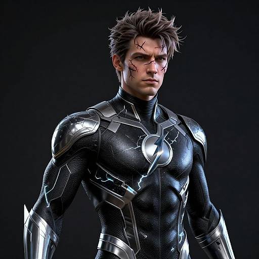 Photorealistic CGI of a muscular, dark-haired man in a black, silver-accented superhero suit with lightning emblem, scars on face, intense
