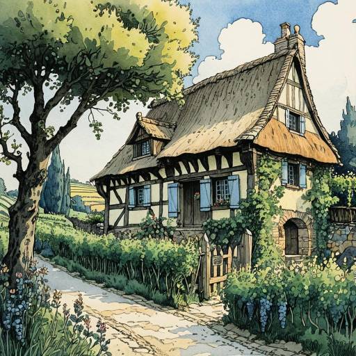 Charming Medieval European Landscape Illustration