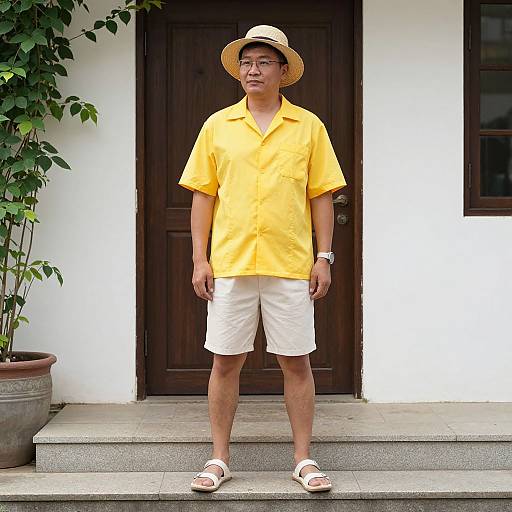 Photograph of an older Asian man in a yellow shirt, white shorts, straw hat, and sandals, standing on a white house porch.