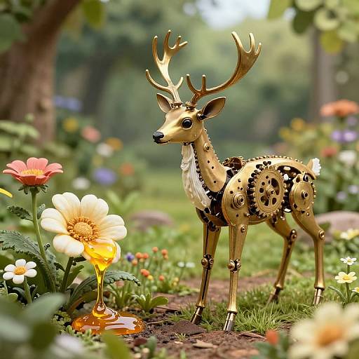 Photograph of a detailed, golden, metal deer sculpture with antlers, standing in a vibrant, blooming garden with colorful flowers and greenery.
