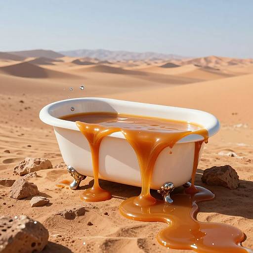 Photograph of a white bathtub filled with honey, standing in a sunny, sandy desert with distant dunes and clear blue sky. Honey spills over the