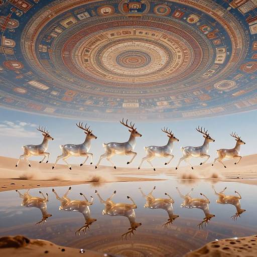 Photograph of six white deer with antlers, leaping across a reflective surface, with a detailed, circular, colorful mandala pattern in the background