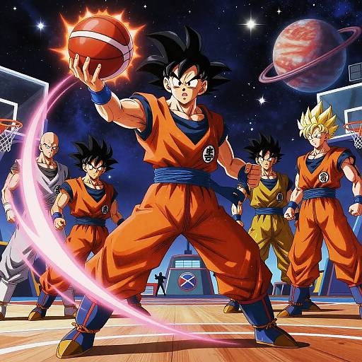 Digital artwork of Dragon Ball characters playing basketball in space, featuring Goku holding a glowing basketball, with other fighters in orange and yellow uniforms, and a planet