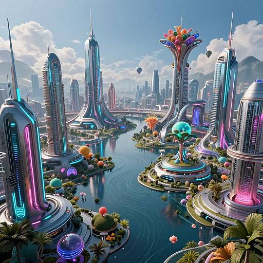 Digital artwork of a futuristic cityscape with glowing skyscrapers, neon lights, floating gardens, and a winding river surrounded by vibrant flora.