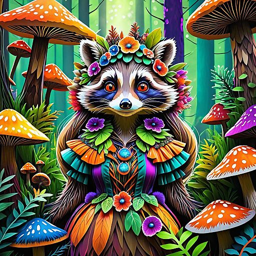 Whimsical Raccoon Girl in Fungi Forest Whimsical Raccoon Girl in Fungi Forest